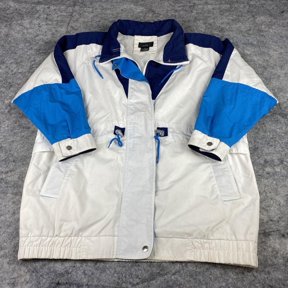 Vintage Mariel Jacket Womens Size L Hooded Lined Full Zip White Blue Colorblock